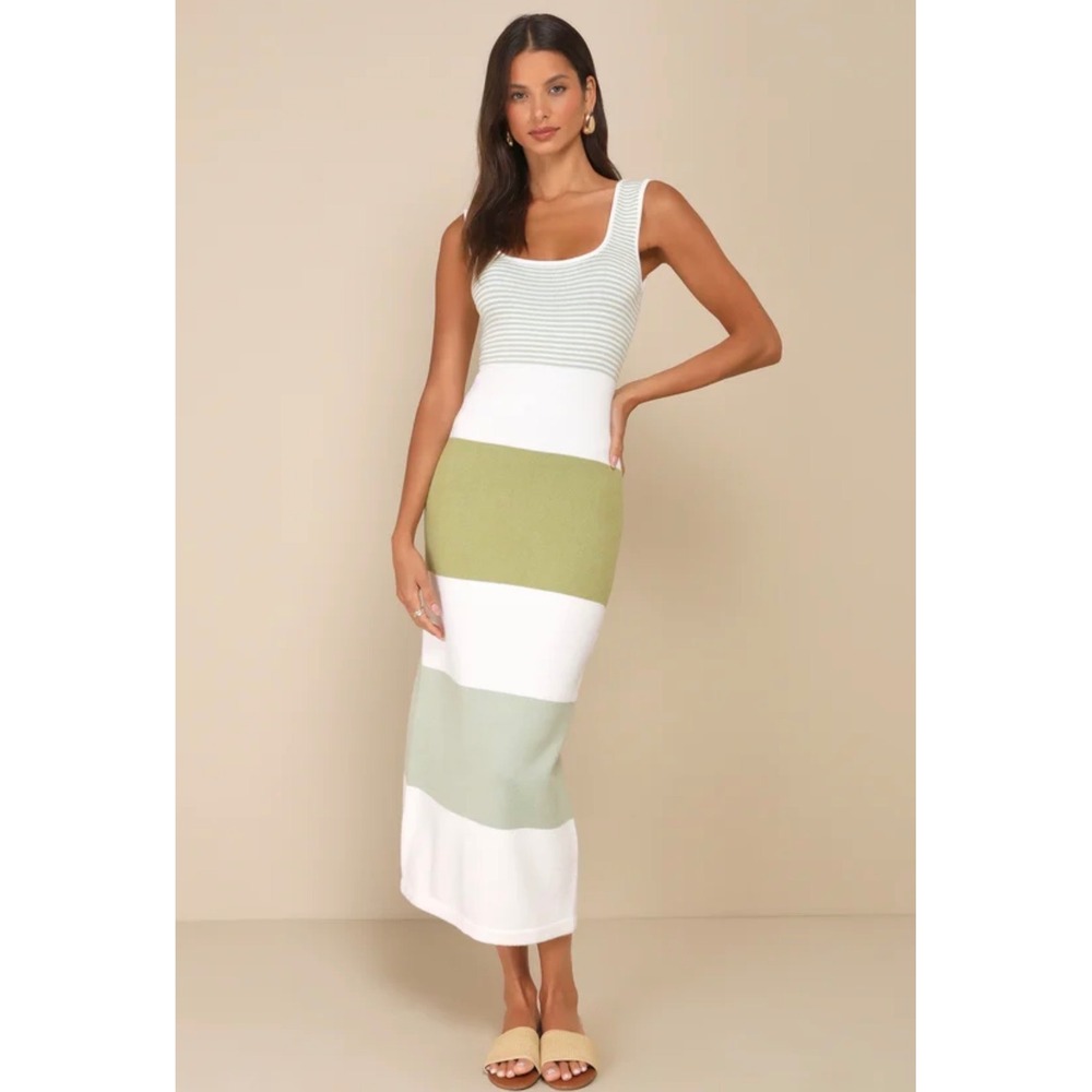 Lulus Women Dress Small Sage Green White Striped Knit Maxi Dress Coastal Chic